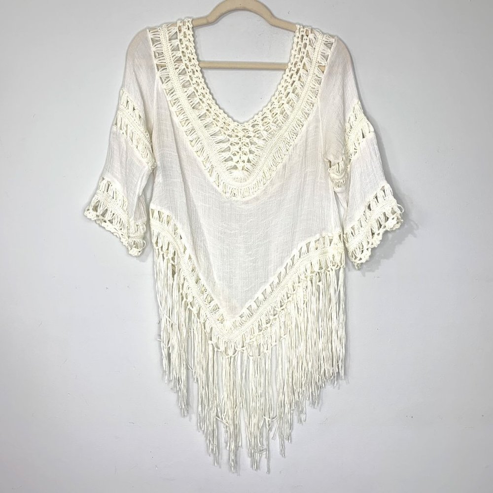 MR. BUHO Vintage Rayon Crinkle Gauze Crochet Fringe‎ Scarf Boho Top OS